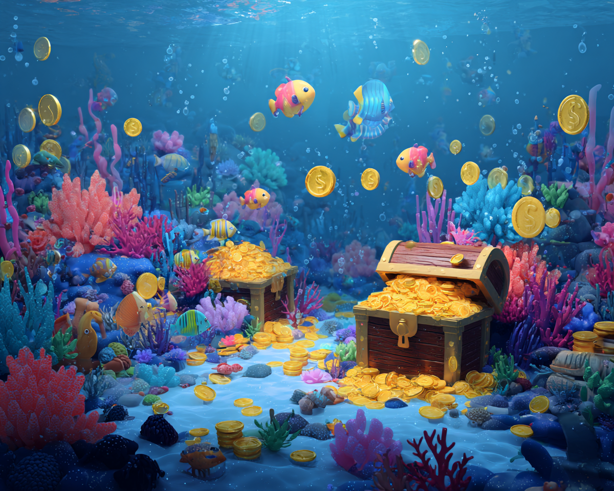 Cảnh game bắn cá 3D dưới nước với cá đầy màu sắc