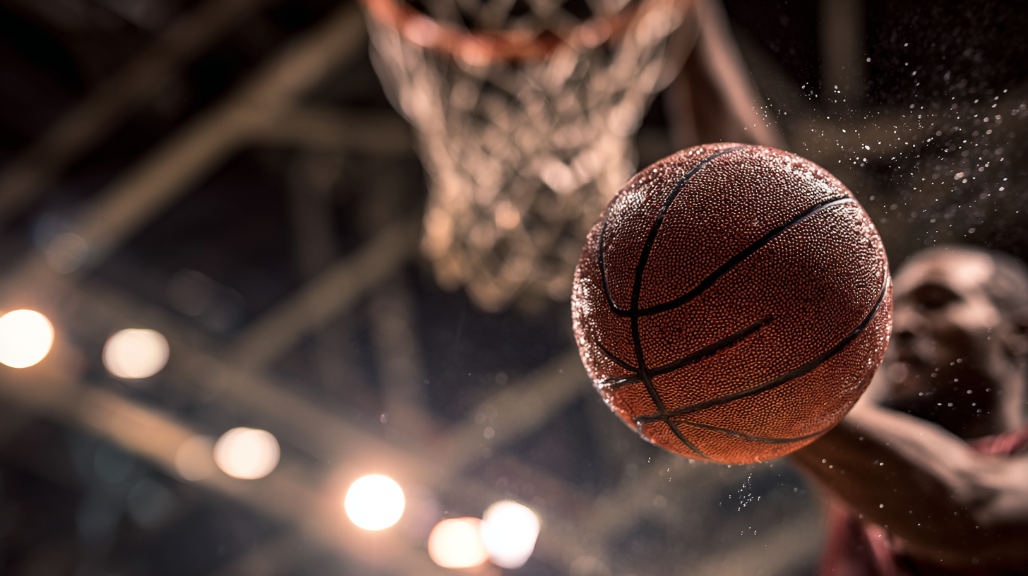 Quả bóng rổ đang bay về phía rổ trên sân thi đấu