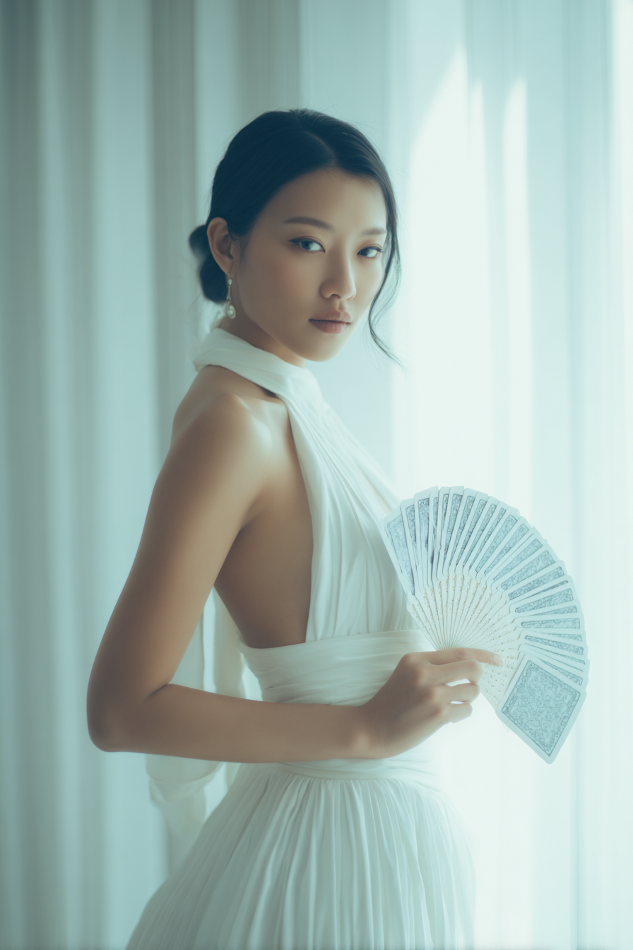 Cô gái châu Á xinh đẹp trong váy haute couture trắng sảnh Châu Á