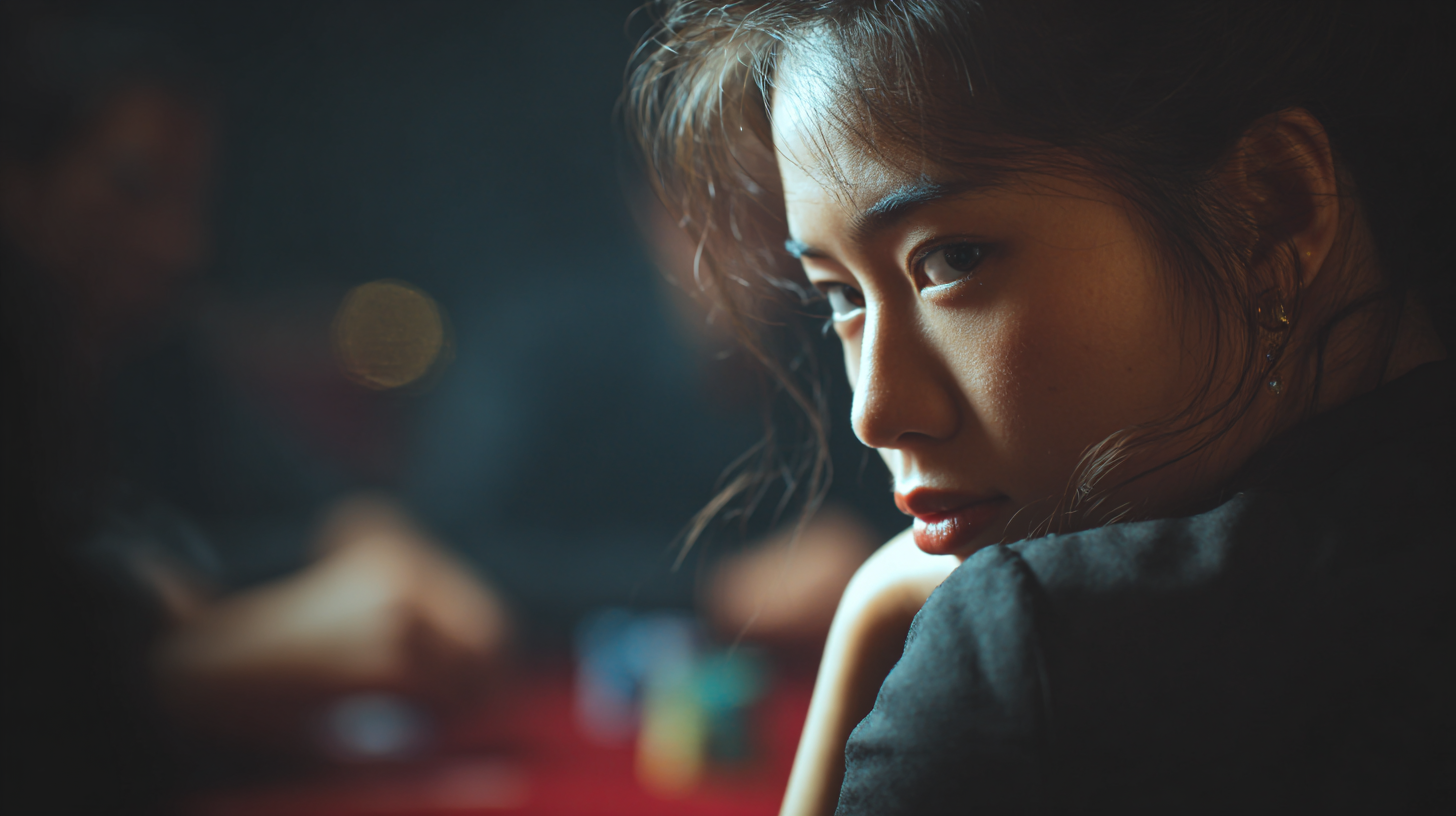 Cô gái châu Á xinh đẹp nhìn từ sau vai trong casino