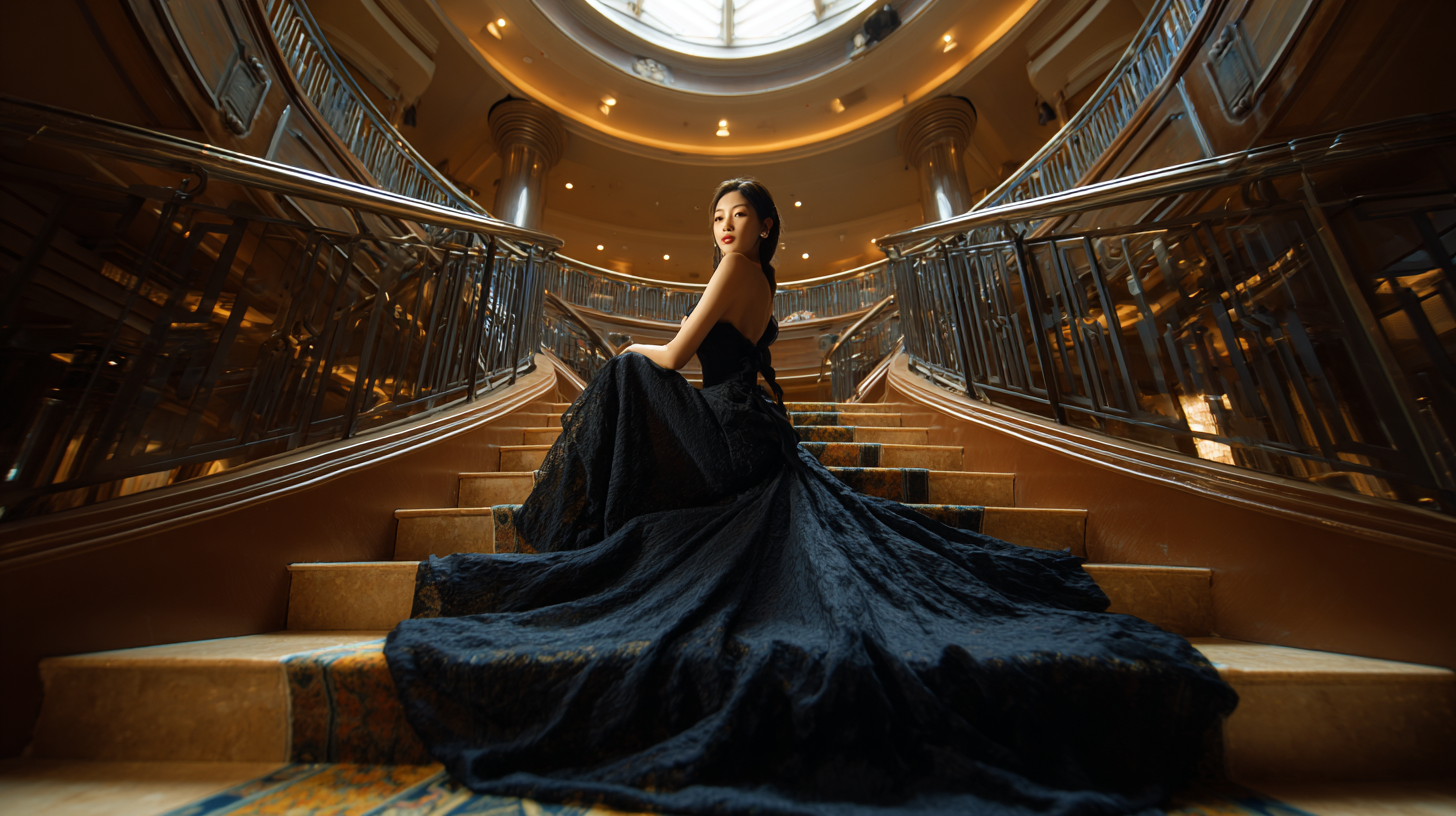 Cô gái châu Á xinh đẹp ngồi trên cầu thang cả nhà