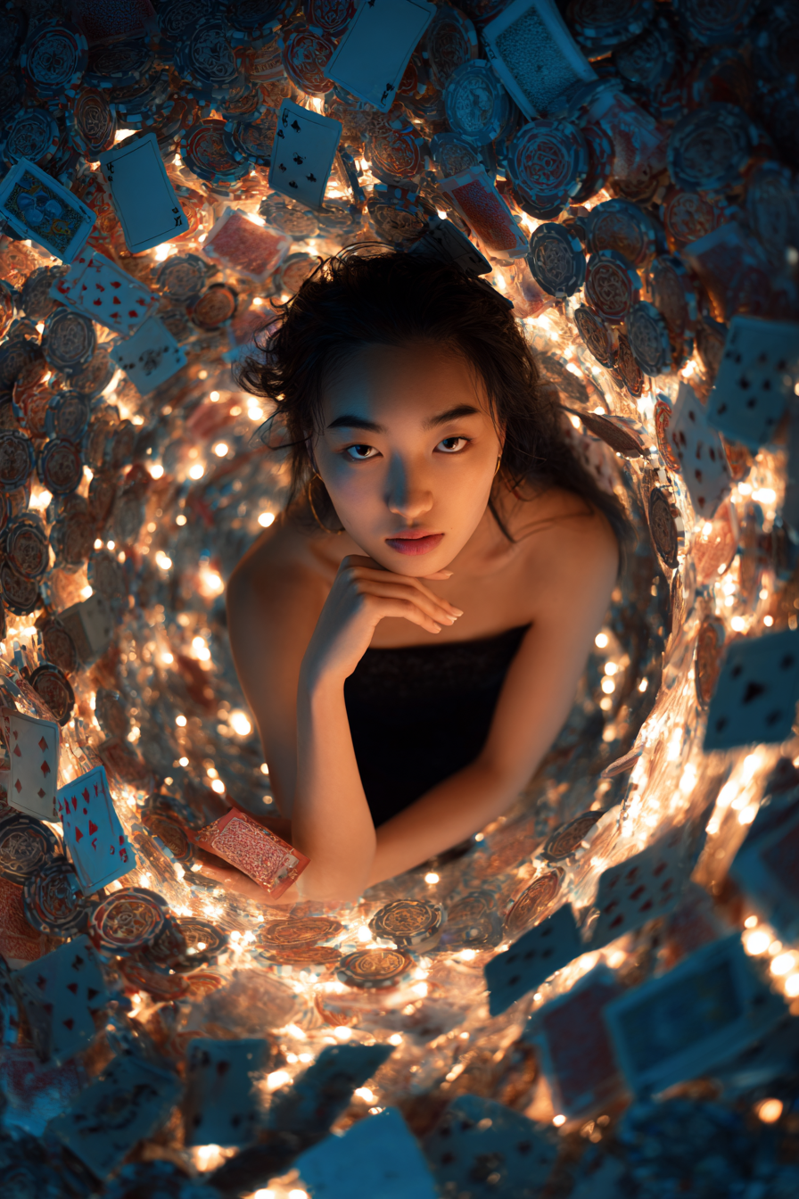Người mẫu châu Á trẻ được bao quanh bởi vòng xoáy ánh sáng